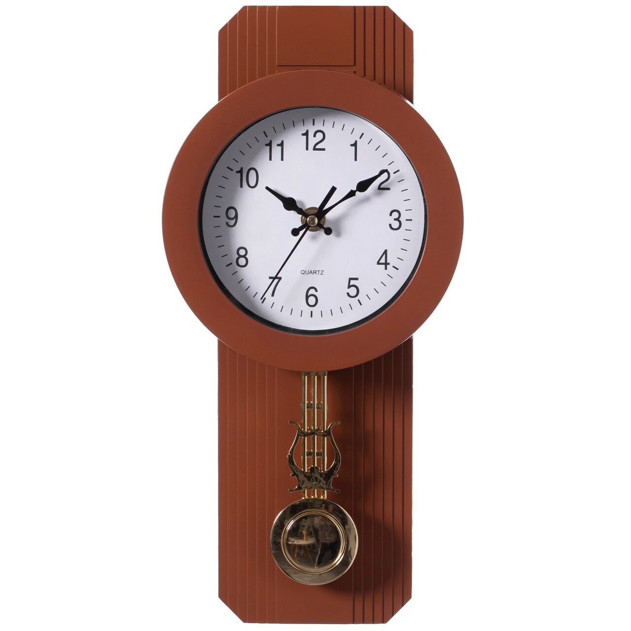 Wood-Look Pendulum Plastic Wall Clock, Vintage Farmhouse Decor for Living Room, Kitchen, or Dining Room, Silent Clock with Roman Numerals, Battery Powered, Large Decorative Wall Clock, Easy-to-Read